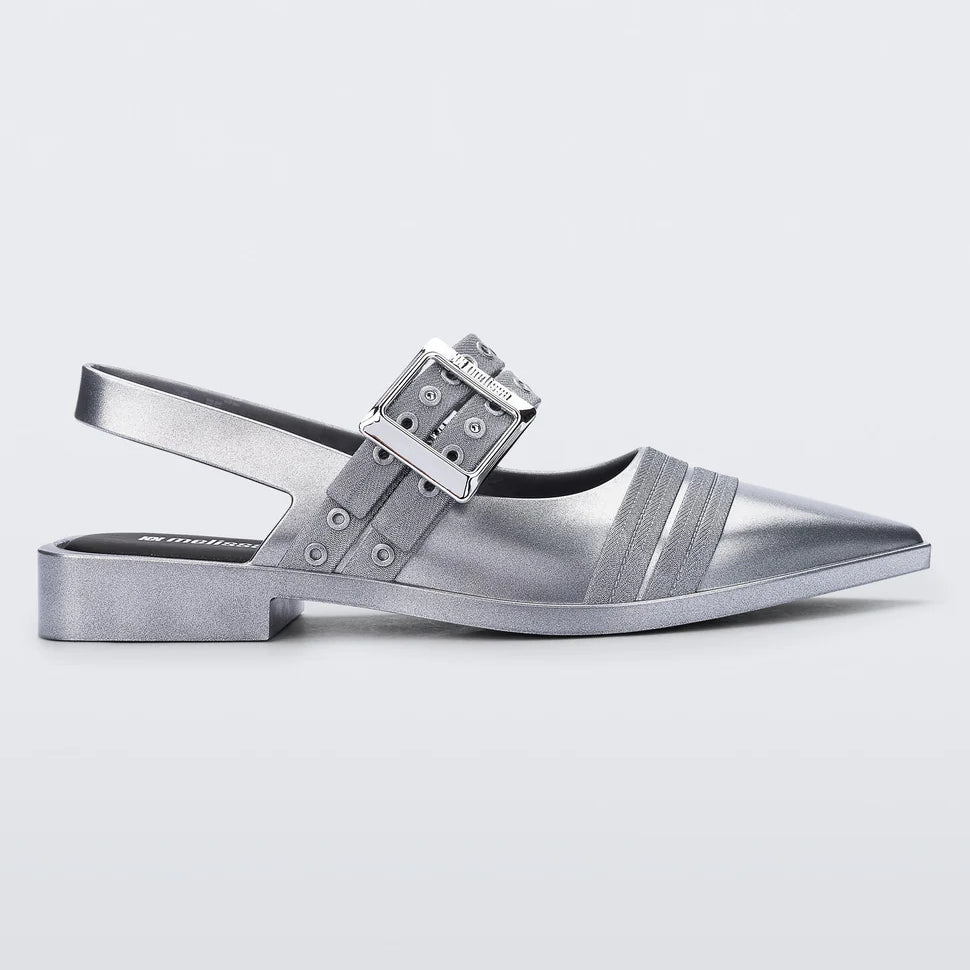 silver pointed toe sling back ballerina flat with adjustable buckle front strap and bubblegum scent profile