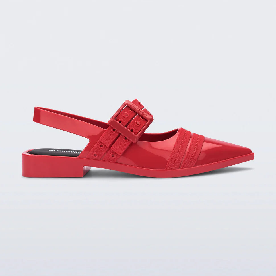 red pointed toe sling back ballerina flat with adjustable buckle front strap and bubblegum scent profile