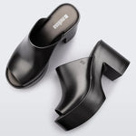 black colored bubblegum scented heeled mule slip on sandal birds eye view