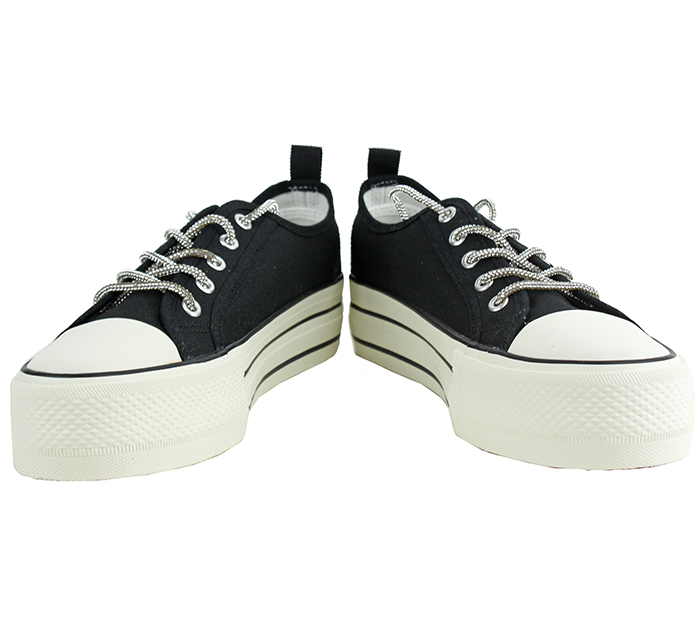 black and white low profile platform sneakers with rhinestone laces pair