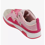 pink and beige sneaker with rhinestone detail and pink and white zig zag patterned laces back view