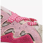 pink and beige sneaker with rhinestone detail and pink and white zig zag patterned laces detailed close up