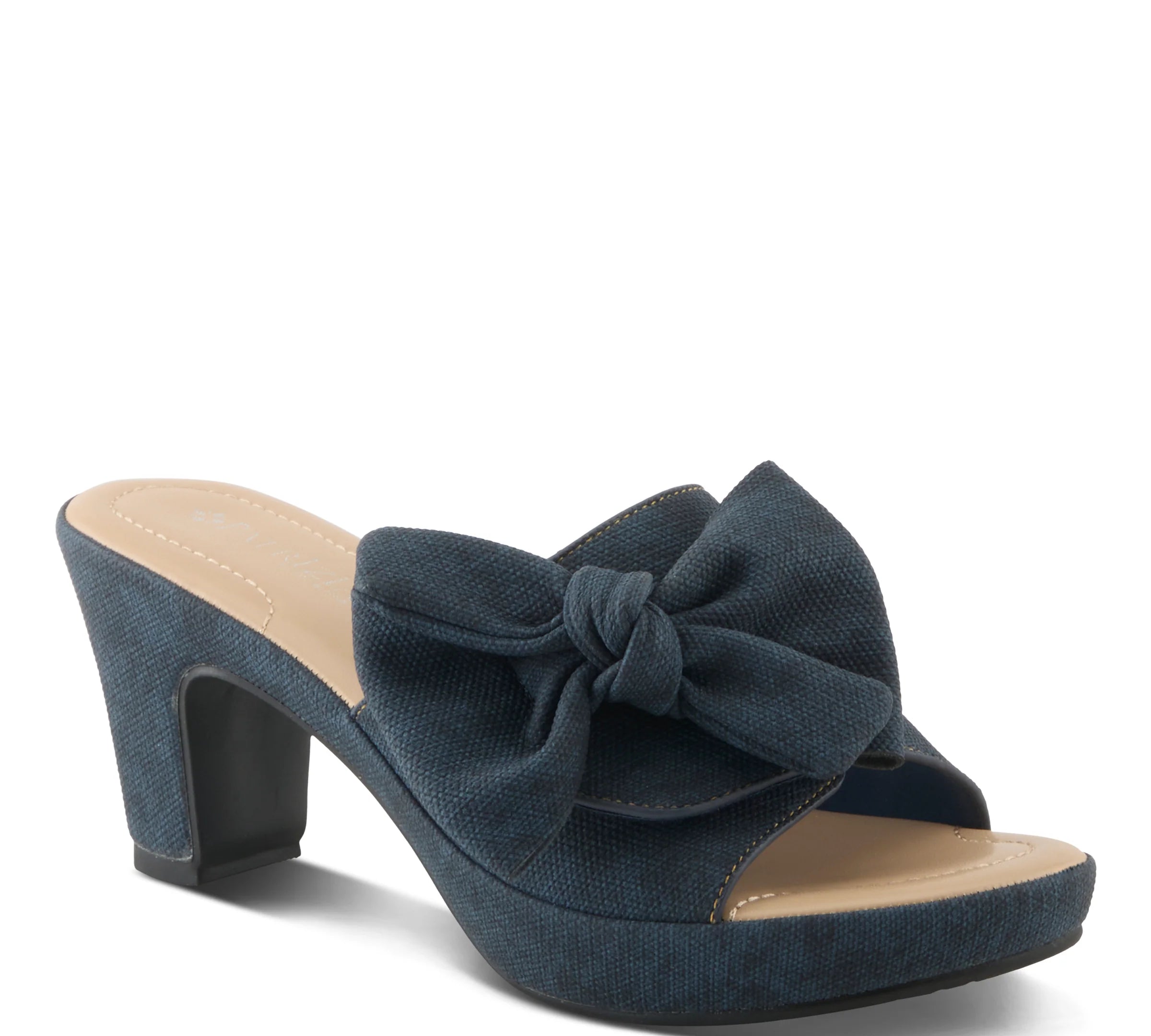 dark denim blue open toe slide heel sandal with oversized bow profile view