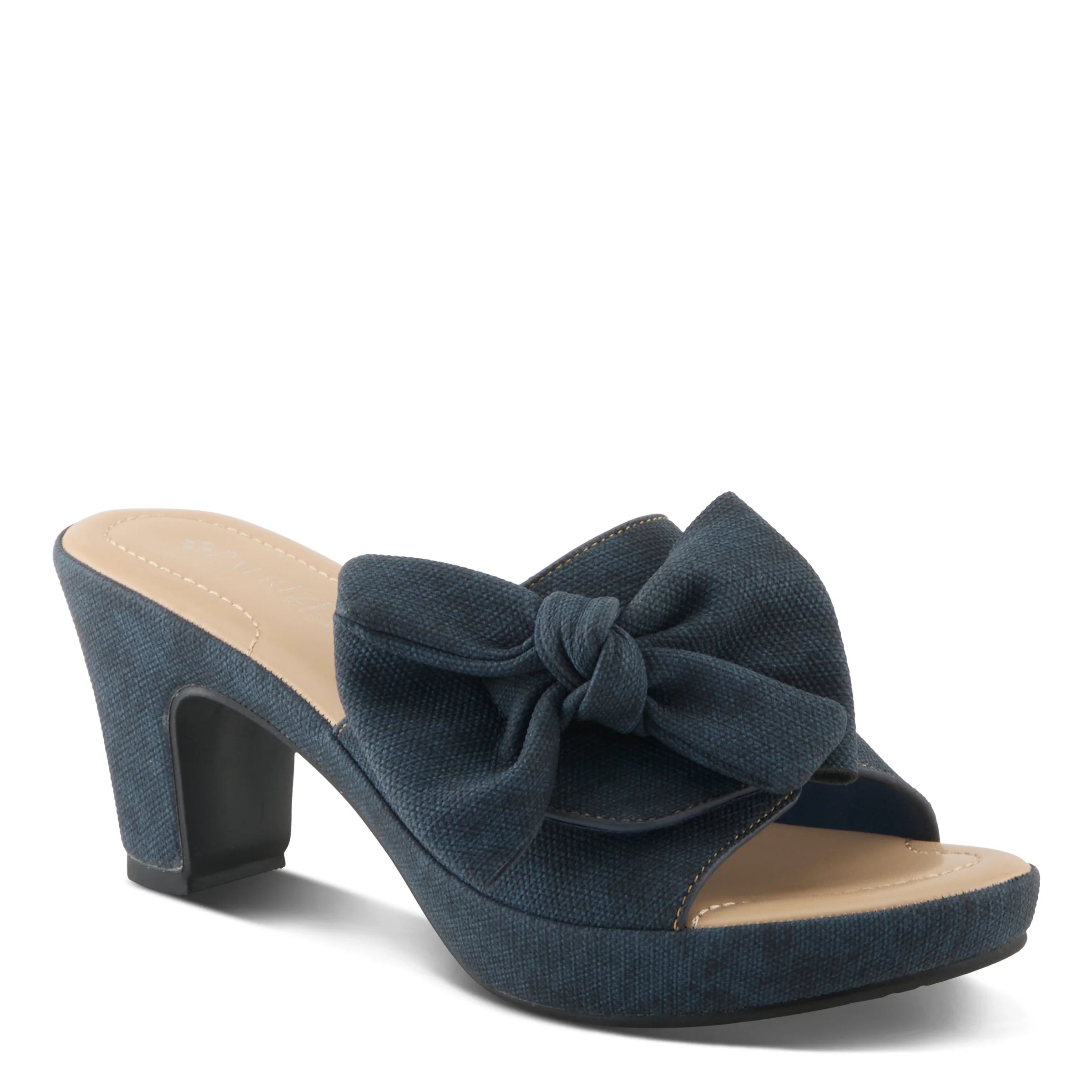dark denim blue open toe slide heel sandal with oversized bow profile view