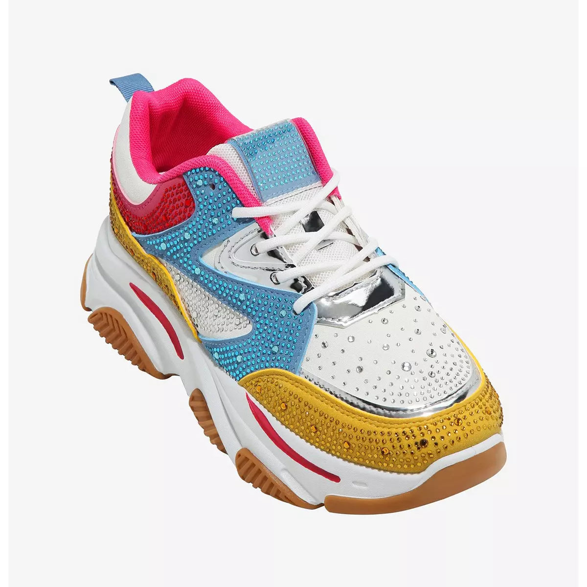 multi-colored sneaker with rhinestone detail and white laces profile