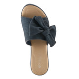 dark denim blue open toe slide heel sandal with oversized bow top view