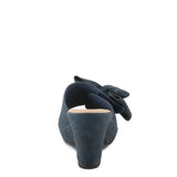 dark denim blue open toe slide heel sandal with oversized bow back view