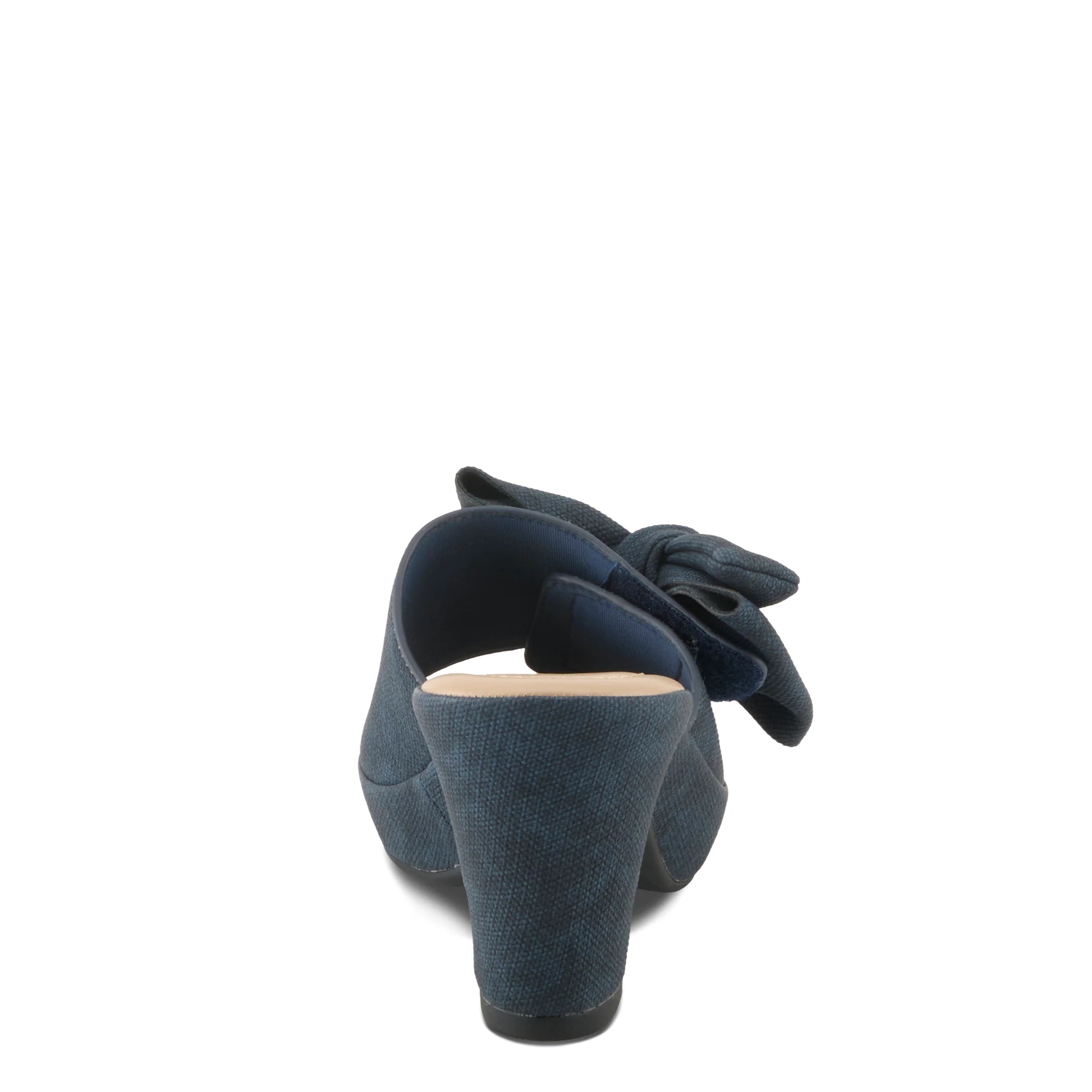 dark denim blue open toe slide heel sandal with oversized bow back view
