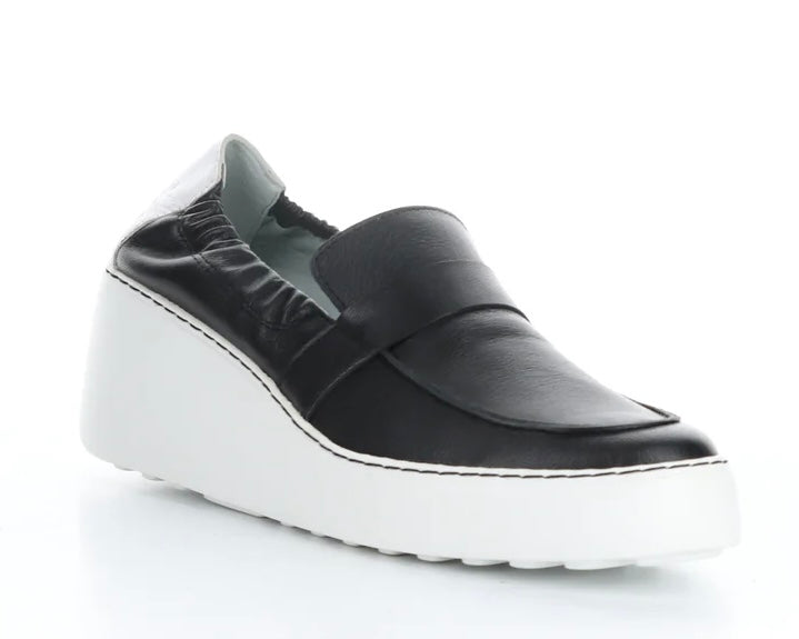 black and white wedge platform loafer side profile