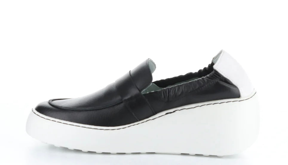 black and white wedge platform loafer side