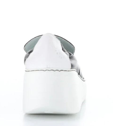 black and white wedge platform loafer back view