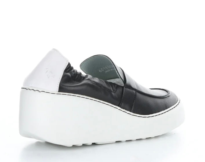 black and white wedge platform loafer back side