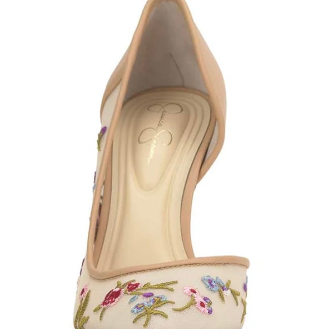 nude stiletto heel shoe with multi-color floral embroidery by Jessica Simpson front view
