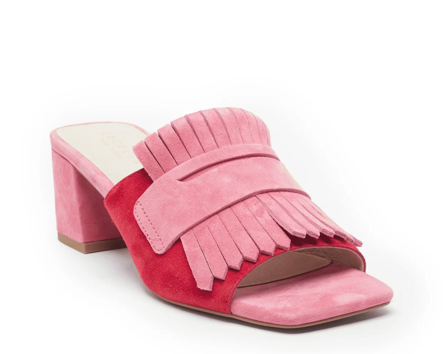pink and red suede slide heel sandal  front profile