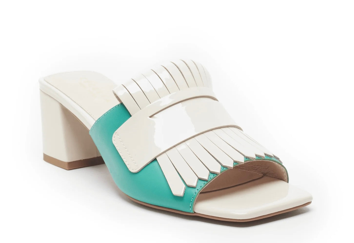 cream and teal square toe slide mule heeled sandal side profile