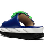 blue, green. white, and black puffy strap platform slip on sandal back