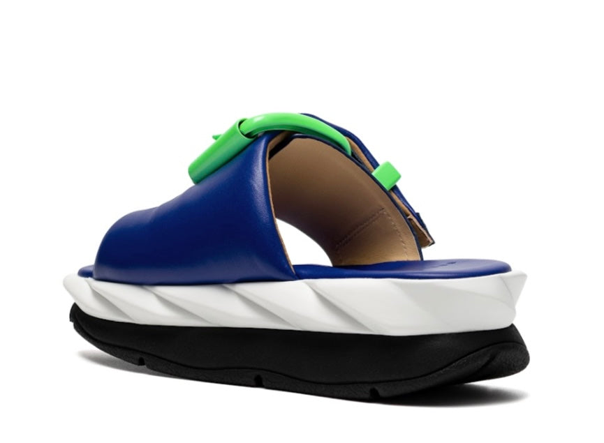 blue, green. white, and black puffy strap platform slip on sandal back