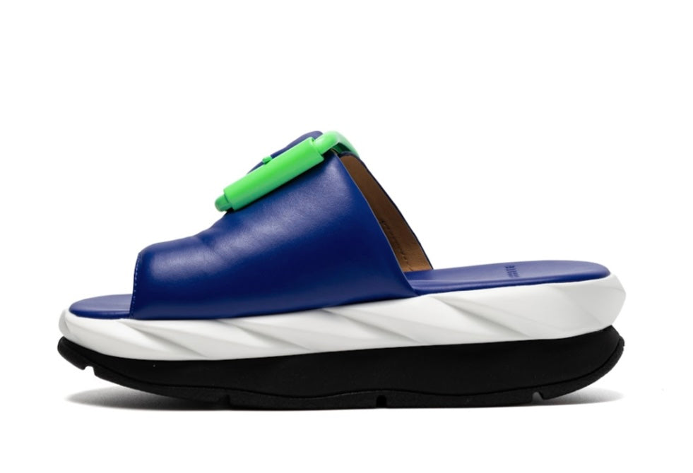 blue, green. white, and black puffy strap platform slip on sandal side