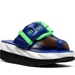 blue, green. white, and black puffy strap platform slip on sandal side profile