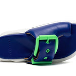 blue, green. white, and black puffy strap platform slip on sandal top