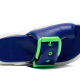 blue, green. white, and black puffy strap platform slip on sandal top
