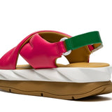pink green and white puffy strap platform sandal with buckle back view