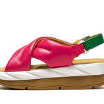 pink green and white puffy strap platform sandal with buckle side