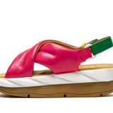 pink green and white puffy strap platform sandal with buckle side
