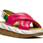 pink green and white puffy strap platform sandal with buckle side front