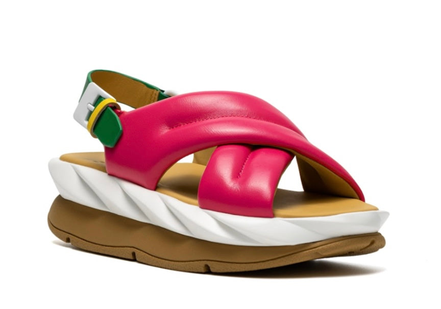 pink green and white puffy strap platform sandal with buckle side front