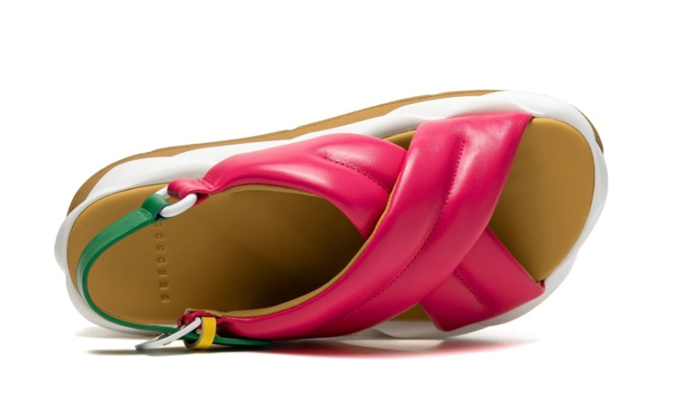 pink green and white puffy strap platform sandal with buckle top