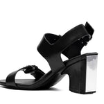 Black block heel sandal with buckle detail by 4ccccees side