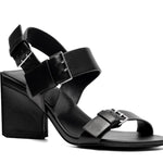 Black block heel sandal with buckle detail by 4ccccees side profile