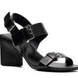 Black block heel sandal with buckle detail by 4ccccees side profile