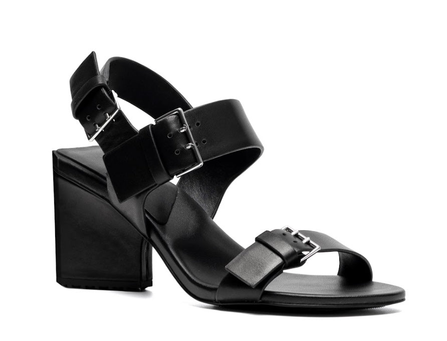 Black block heel sandal with buckle detail by 4ccccees side profile