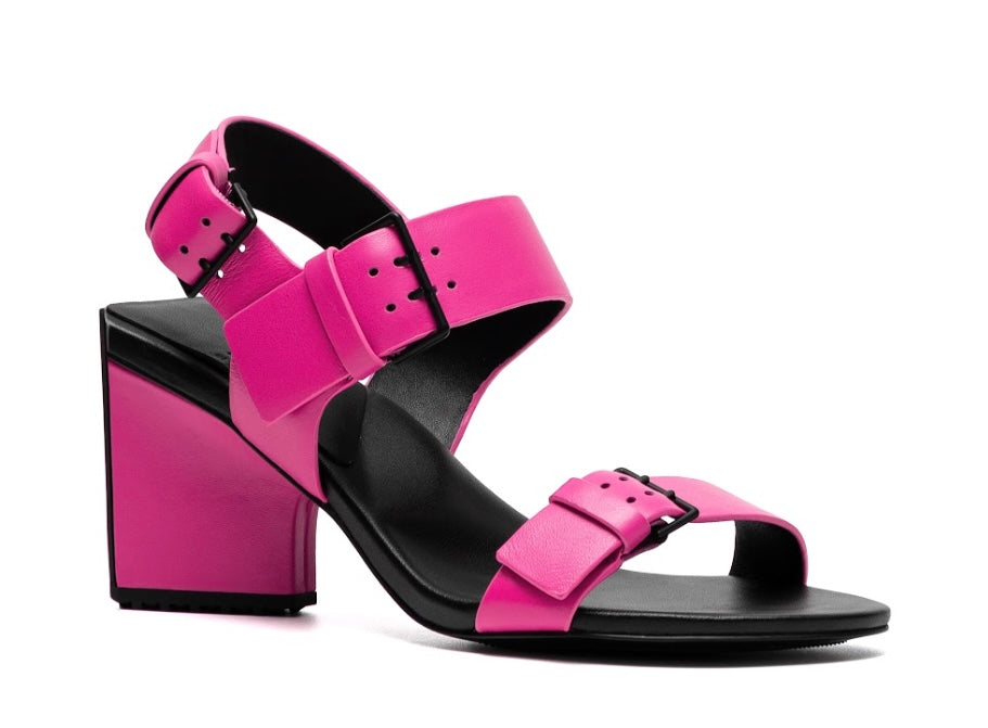 Pink and black block heel sandal with buckle details by 4ccccees side profile