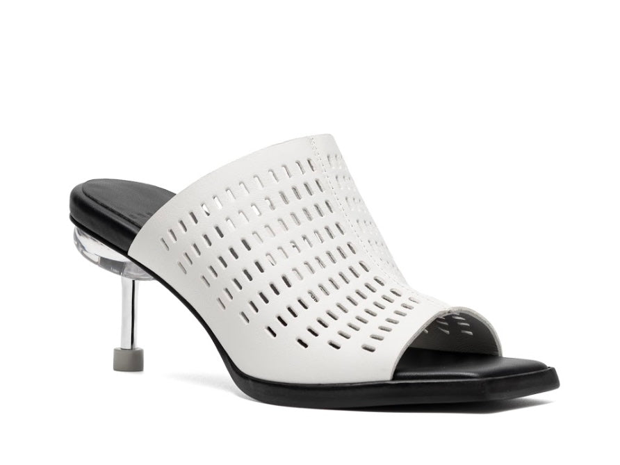 perforated white sandal with black sole and clear architectural heel side profile