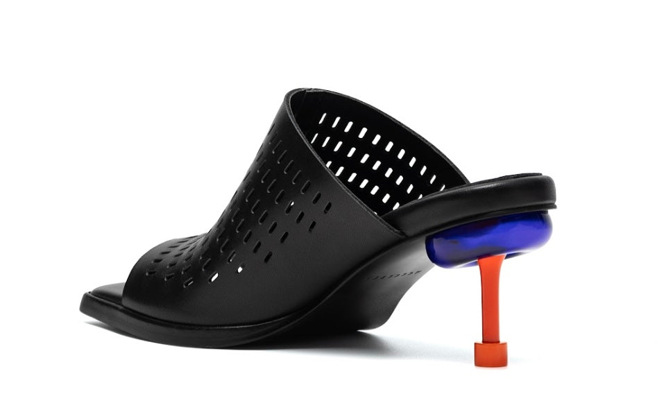 perforated black leather sandal with red and blue architectural heel back