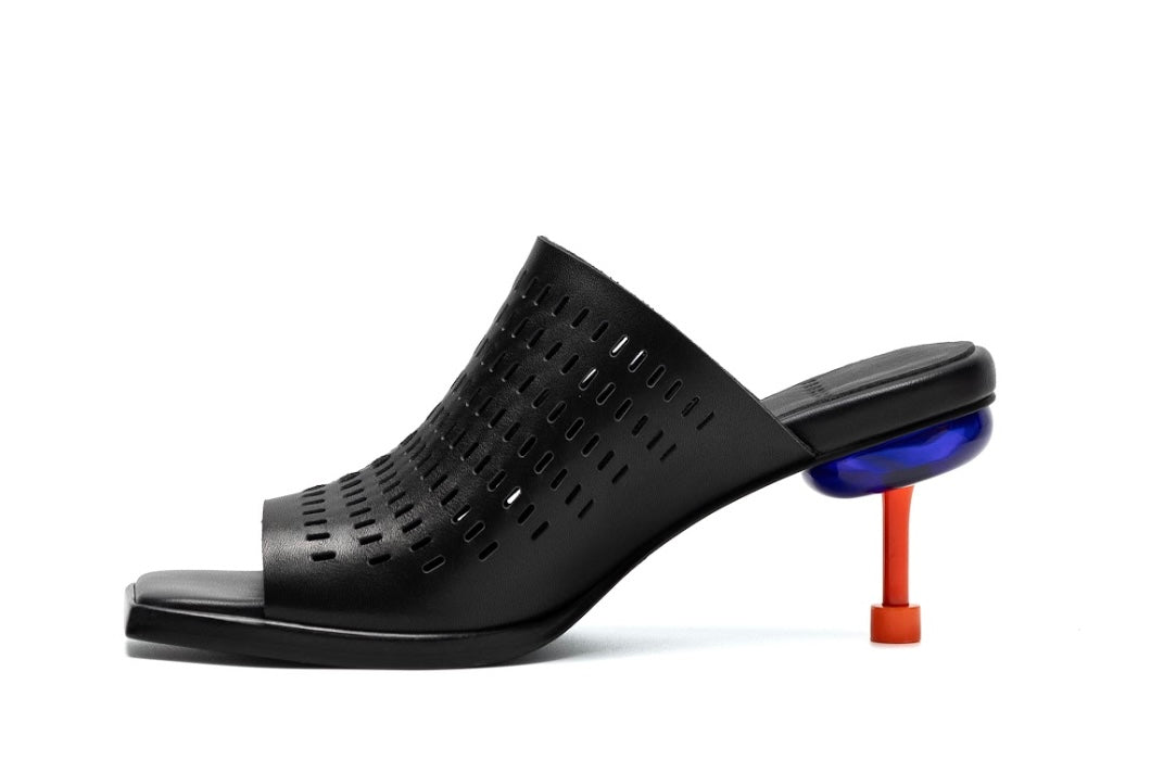 perforated black leather sandal with red and blue architectural heel inner side