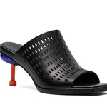 perforated black leather sandal with red and blue architectural heel side