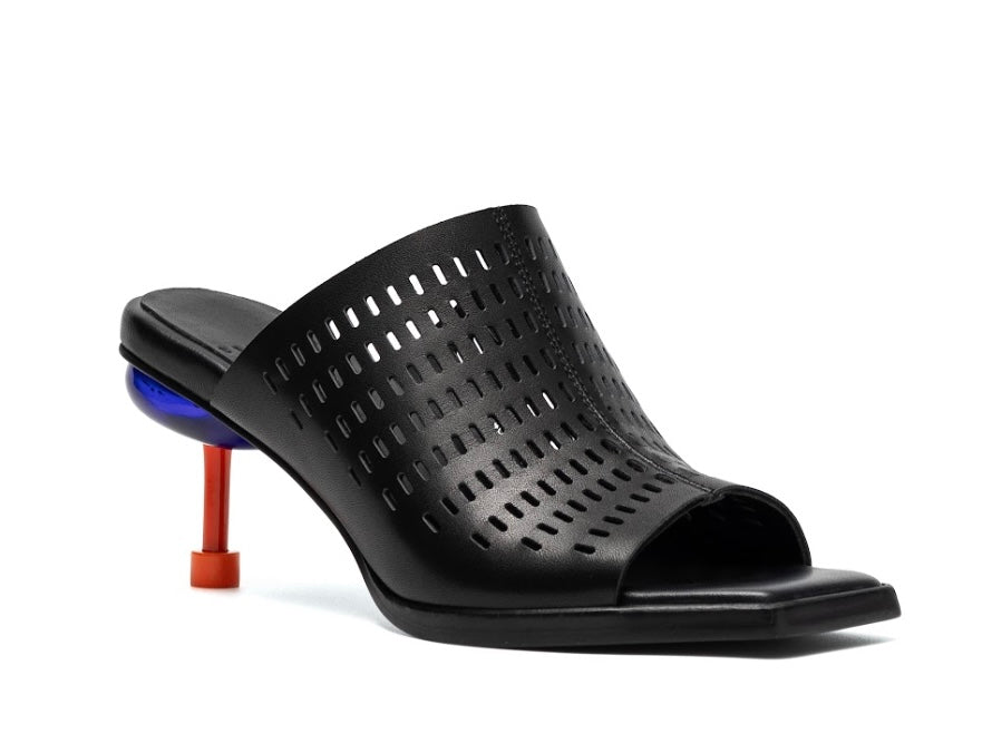 perforated black leather sandal with red and blue architectural heel side