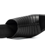 perforated black leather sandal with red and blue architectural heel top