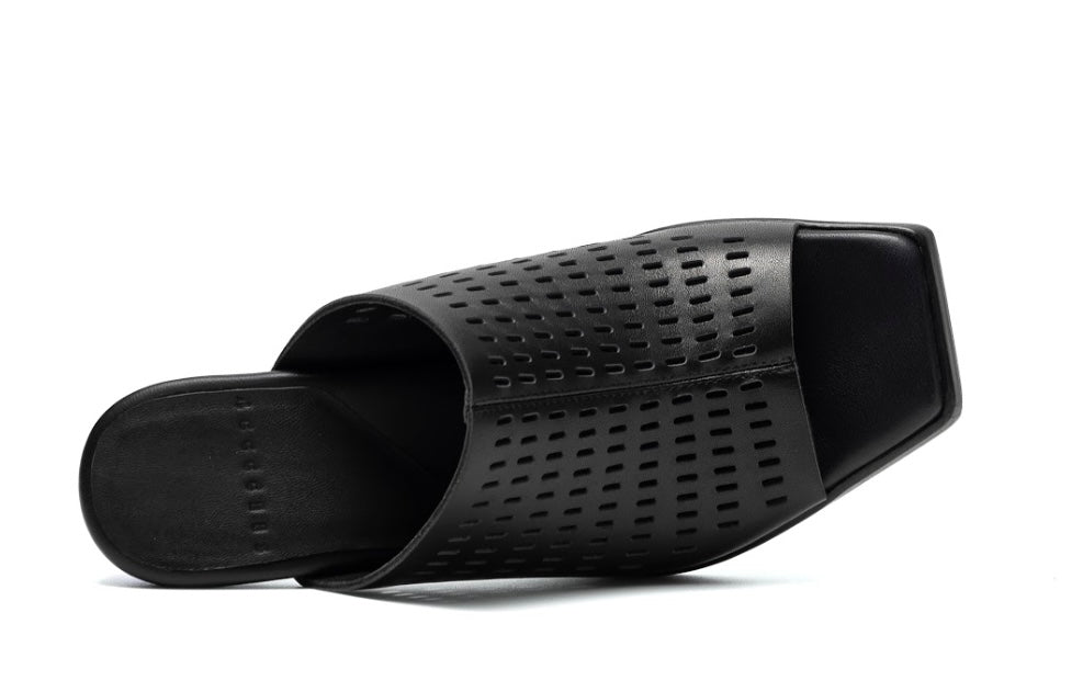 perforated black leather sandal with red and blue architectural heel top