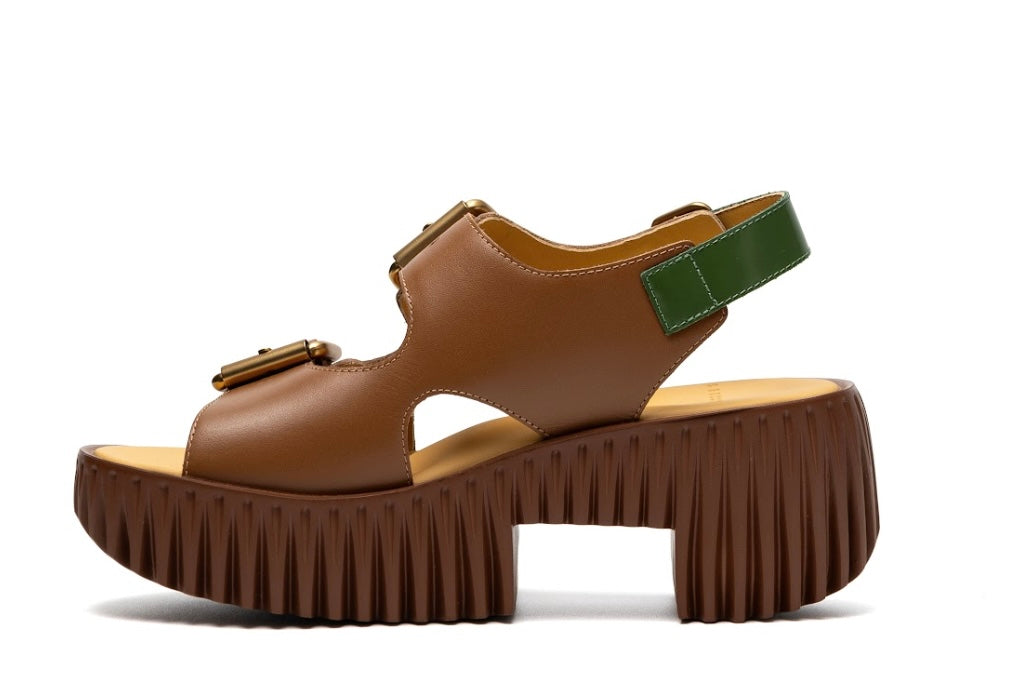 green and brown snake skin print platform buckle strap sandal side