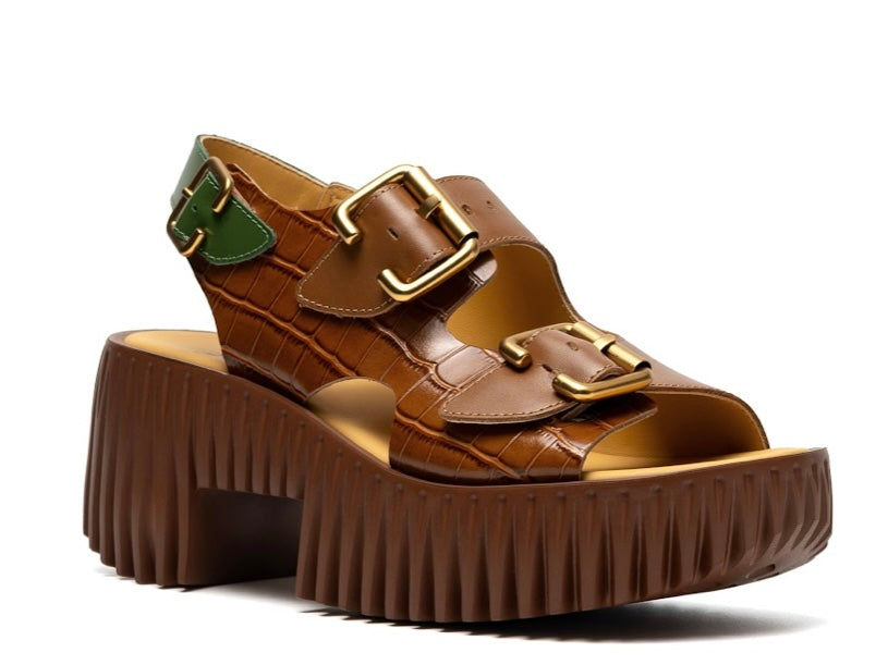 green and brown snake skin print platform buckle strap sandal side profile