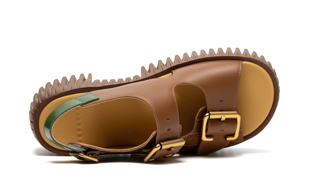 green and brown snake skin print platform buckle strap sandal top