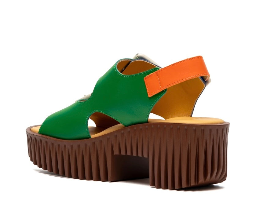 blue green orange and brown platform buckle strap sandal back