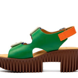 blue green orange and brown platform buckle strap sandal side