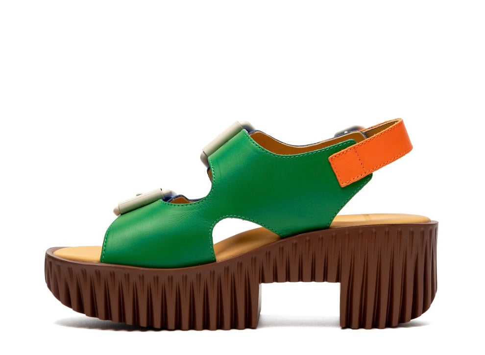 blue green orange and brown platform buckle strap sandal side