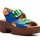 blue green orange and brown platform buckle strap sandal profile